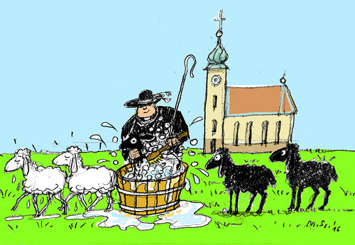 Cartoon die schwarzen Schafe werden weiß gewaschen.